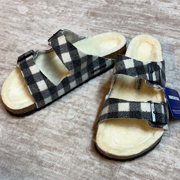 Birkenstock Arizona Shearling 43 Regular Fit White Black Plaid Wool Sandals New main image 6